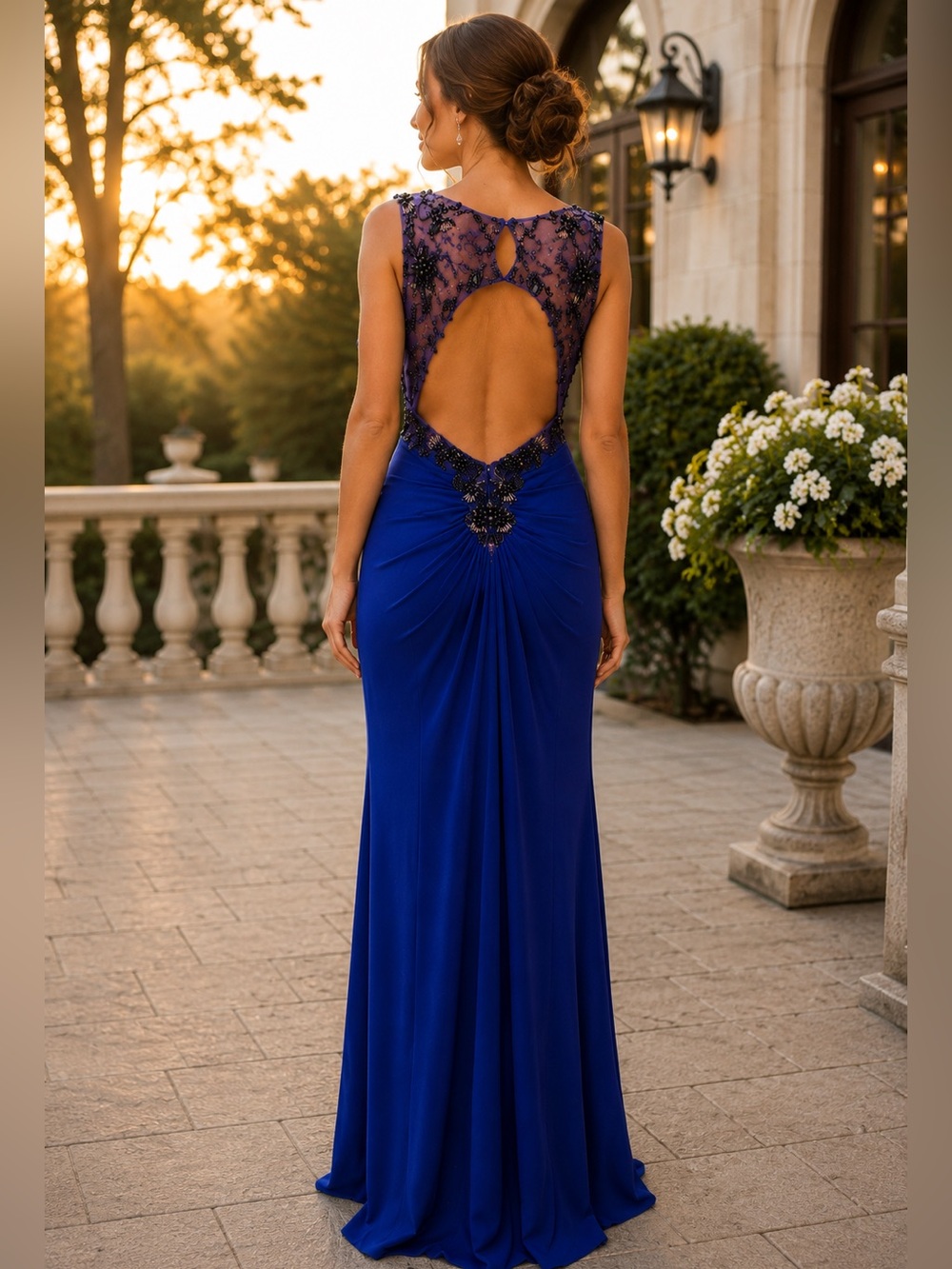 NWT Camille La Vie Royal Blue Beaded Formal Gown Dress Size 10 Open Back Maxi